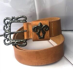 Pastille Vintage Handcrafted Tan Leather Belt Fleur De Lis Made In USA Size M